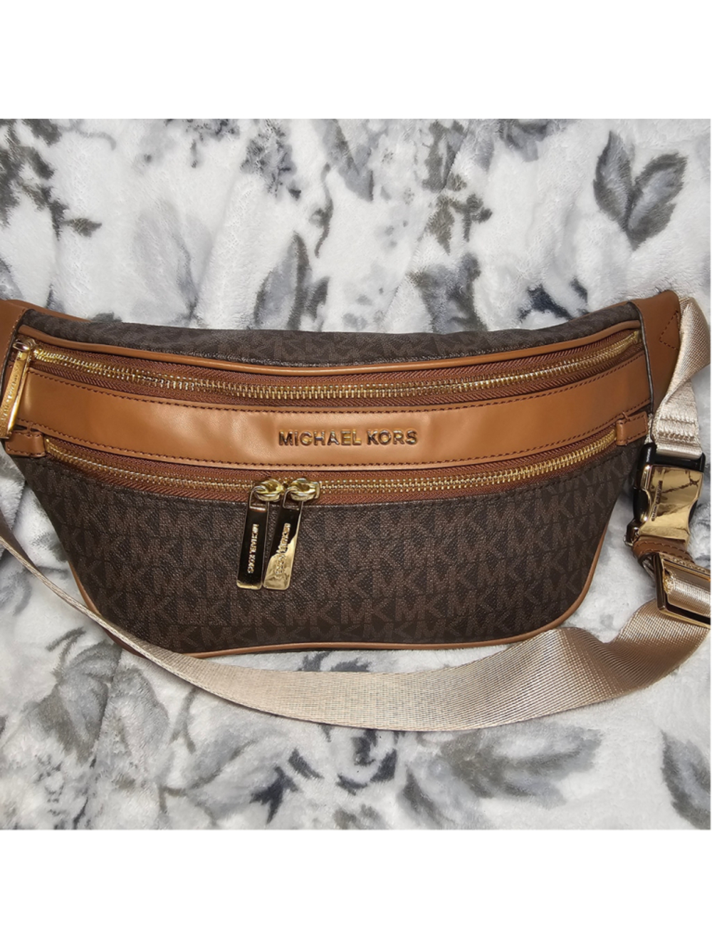 Michael Kors Signature Monogram Belt Bag Sling Pack in Brown/Acorn